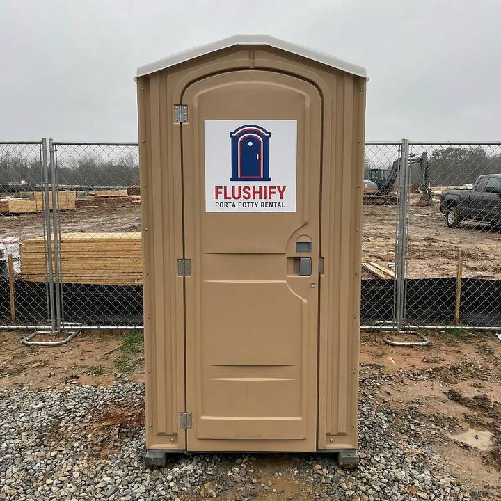 Tan portable toilet on a gravel lot beside a fenced work area